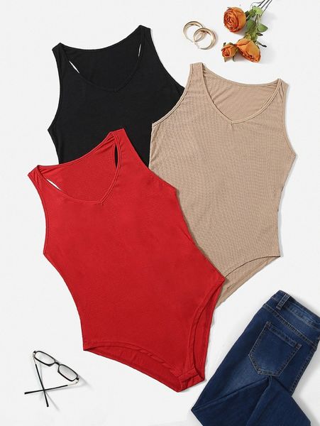 

plus 3pcs rib-knit tank bodysuit 048b#, Black