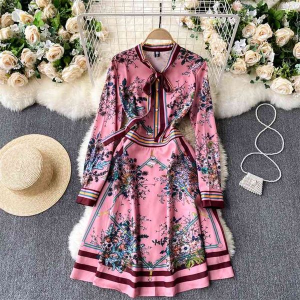 

women fashion retro ins v-neck bow long sleeve slim feminine floral print dress elegant clothes harajuku vestidos de mujer r192 210527, Black;gray