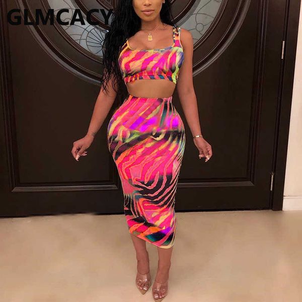 

two piece sets women printed sleeveless & bodycon maxi skirts 210702, White