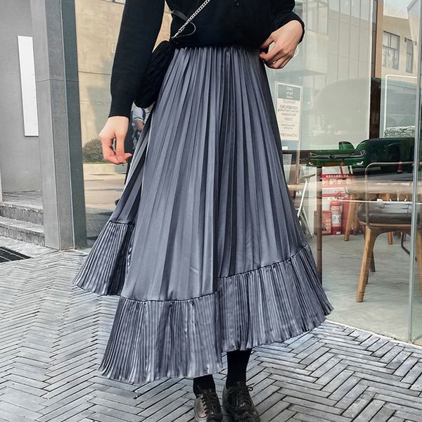 

new 2021 casual high waist irregular long skirts women elegant ruffles pleat spring summer vintage harajuku solid midi skirt aizy, Black