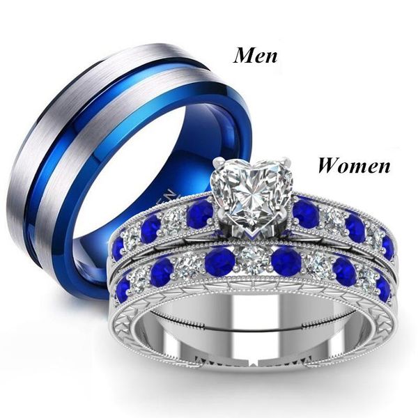 

wedding rings fashion stainless steel couple blue zircon engagement for women men jewelry lover gift, Slivery;golden