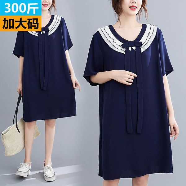 

casual dresses 150kg plus size women's summer v-neck bow pleated neck dress bust 146cm 6xl 7xl 8xl 9xl loose temperament navy, Black;gray