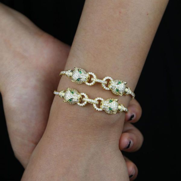 

link, chain iced out fashion tennis bracelet for women men cool jewelry pave cz animal design jaguar double leopard charm bangle, Black