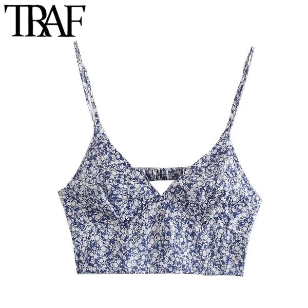 

traf women fashion floral print cropped tank vintage backless waist side zipper thin straps female camis mujer 210705, White