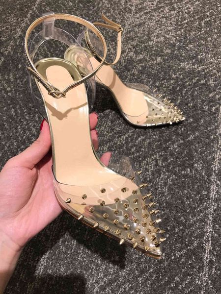 

luxury dress shoes 2021 nightclub temperament versatile pointed thin heel one-sided sho transparent rivet high-heeled sandals, Black