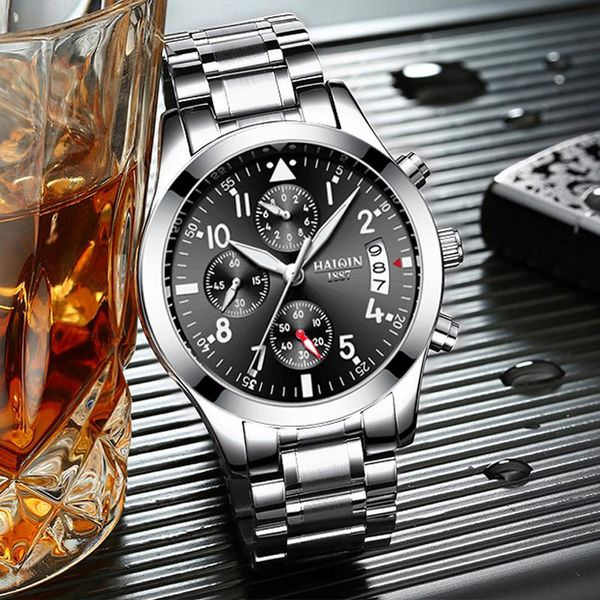 

wristwatches haiqin men's watches fashion business quartz watch men sport chronograph military waterproof wristwatch dress relogio masc, Slivery;brown