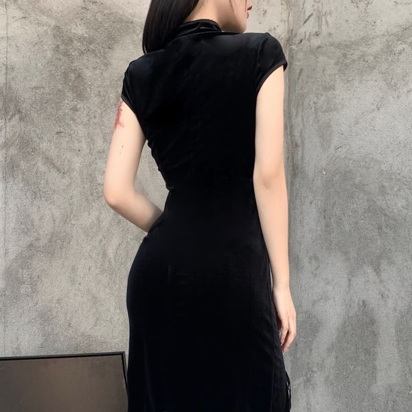 

vintage slim short sleeve long dress women gothic bodycon high split splice bandage dress fashion party dresses, Black;gray