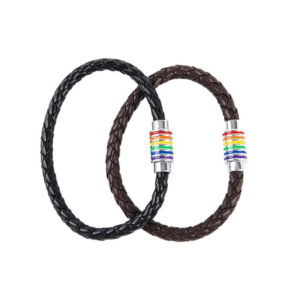 

charm bracelets women men black brown genuine braided leather bracelet stainless steel rainbow magnetic charms gift, Golden;silver