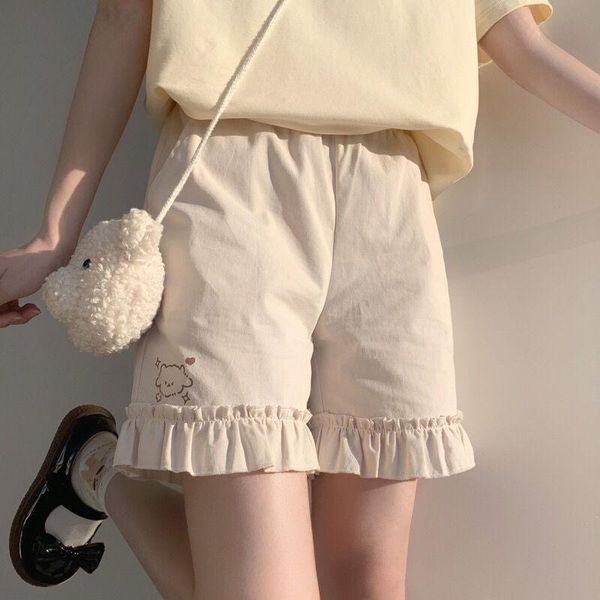 

women's shorts college style japanese cute lace solid color cartoon print loose casual stretch girls all-match, White;black