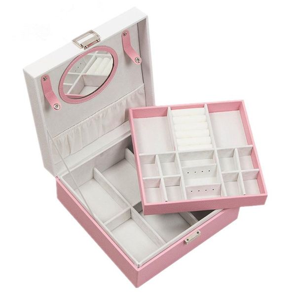 

new jewelry box double layer storage box with mirror 4 colors beautifully designed jewelry vanity square, Pink;blue