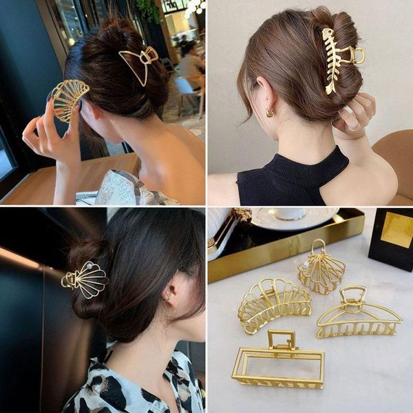 

hair accessories women elegant gold color hollow geometric metal claw vintage clips fishbone hairpin fashion