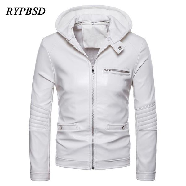 

men's fur & faux 2021 autumn winter multi-pocket white mens hooded leather jacket fashion handsome slim fit pu biker coats, Black