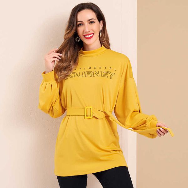 

women's hoodies & sweatshirts mai&fun spring pullovers fashion letter print mock neck long lantern sleeve sashes casual yfds, Black