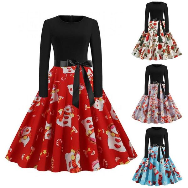 

casual dresses christmas for women big swing elegant print dress retro patchwork long sleeve o-neck robe co, Black;gray