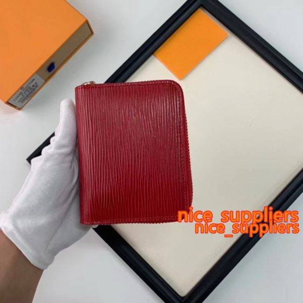 

red fashion women men brand coin genuine leather 51 wallets short single zipper water ripple 60067 purses with box bags 11cm, Red;black