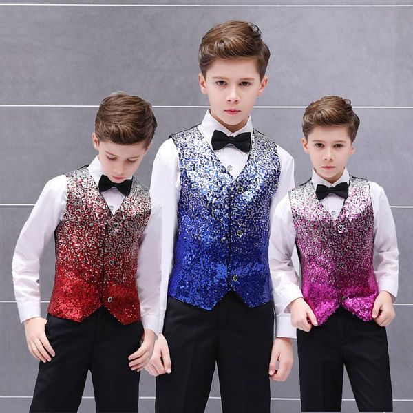

stage wear hip hop costumes boys gradient sequin vest jacket kids jazz dance clothing rave outfit children performance dn4045, Black;red