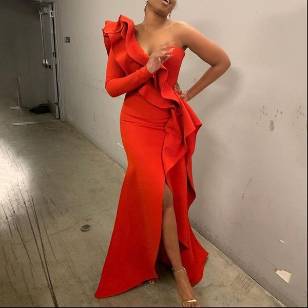 

african style elegant party vintage women long dresses big size one shoulder strapless split ruffles female maxi red dress, Black;gray