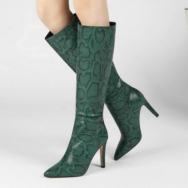 

boots green pink brown women knee high microfiber thin heel pointed toe calf snake print autumn winter shoes 2021, Black