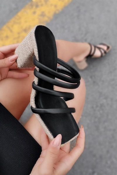 

slippers duro leather band tip-pointed straw detailed black thick high-heeled