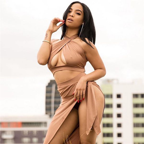 

two piece skirt set women halter hollow out crop iirregula long skirt 2 piece set for women female matching sets, White