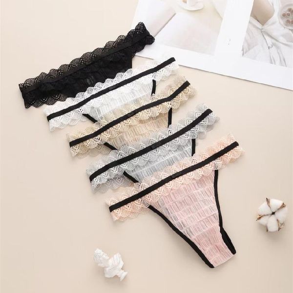 

women's panties lace thong low-rise transparent women girl hollow out breathable g-string solid color soft underwear lingeries, Black;pink