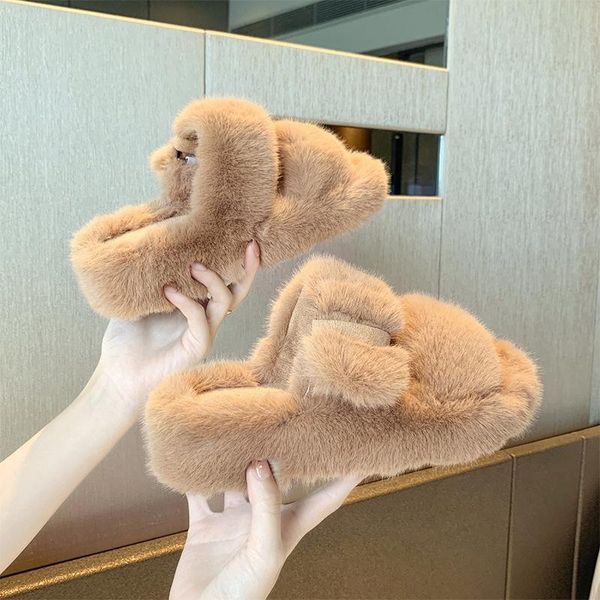 

slippers shoes flat flock platform slides slipers women med fur flip flops fashion massage 2021 plush luxury fabric pu, Black