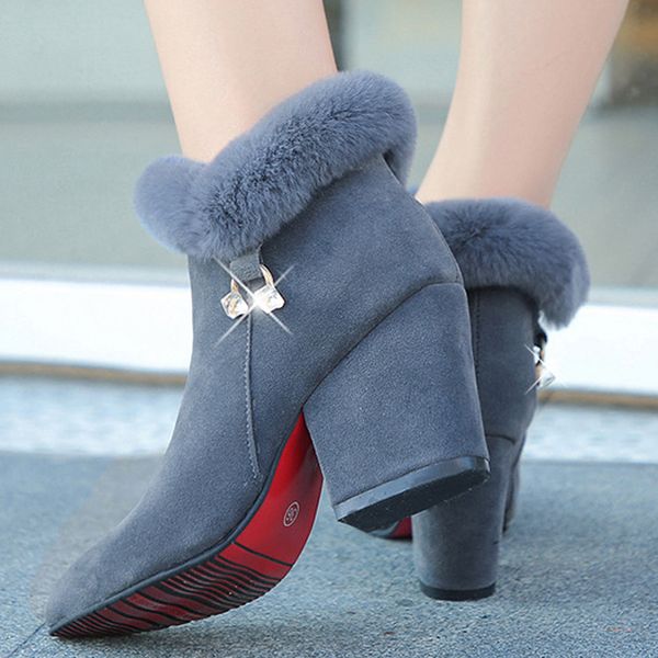 

furry ankle boots woman ladies wedges velvet high heel shoes cozy rubber boots 2020 fashion trend womans shoe, Black