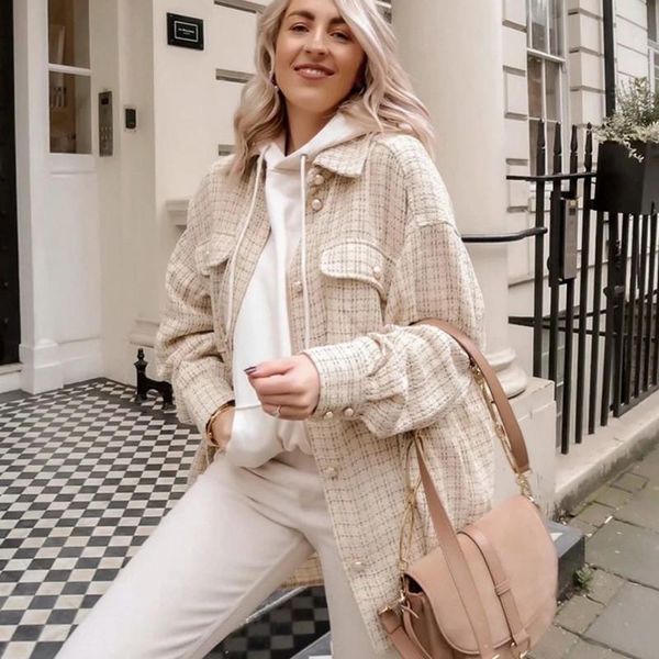 

women plaid pattern thick coats jacket pearl buttons long sleeves pocket 2020 ladies elegant autumn winter coat 3r19, Black;brown