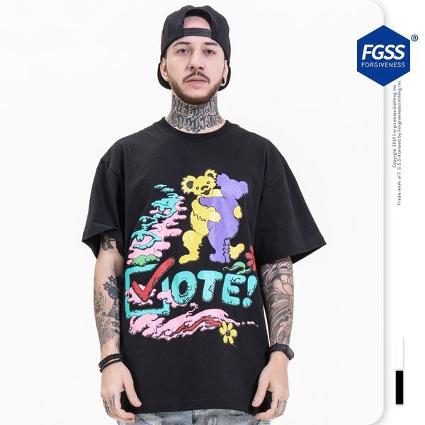 

fgss men's wear new fashion brand bear fun print loose round neck short sleeve t-shirt for men and women, White;black