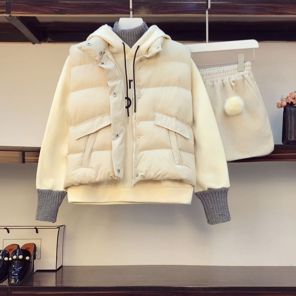 

more female size warm winter sweatshirt jacket with hoodie sweatershirt and short wool slacks three garments set clothes jnwc, Gray