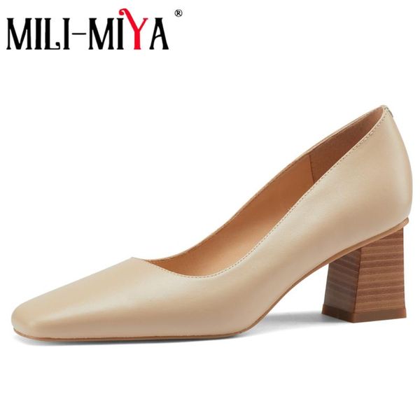 

dress shoes mili-miya arrival concise design women genuine leather pumps round toe thick heels slip on office career plus size 43, Black