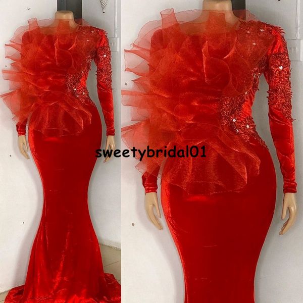 vestidos formale Rot Samt Abendkleider Frau Party Nacht Spitze Afrikanische Meerjungfrau Prom Kleid Mit Langen Ärmeln Arabisch Party Gowns238Z