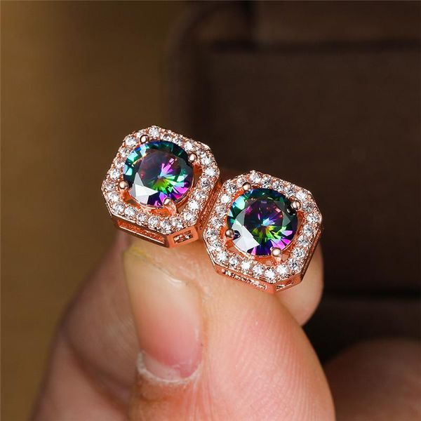 

stud mystic rainbow zircon square earrings for women vintage fashion charm multicolor stone gold/rose gold/silver color, Golden;silver