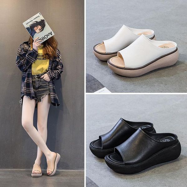 

slippers sandals women's 2021 leather heightening retro casual thick soled breathable beach shoes, Black
