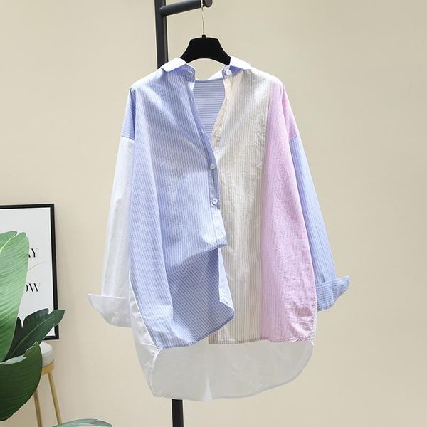 

women's blouses & shirts superaen color matching striped shirt long 2021 autumn loose casual full blouse cardigan, White