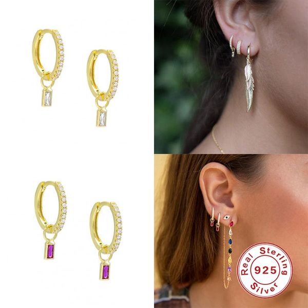 

aide fine jewelry 925 sterling silver hoop earrings for women's geometric rectangular zircon simple earring girls gift party, Golden;silver