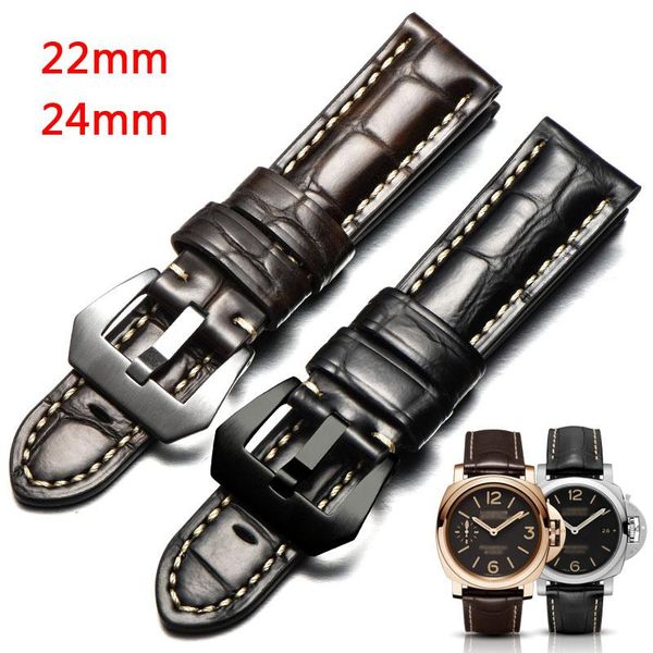 

watch bands classic genuine cowhide strap 22 24mm vintage waterproof leather wrist band pin clasp black/brown for men