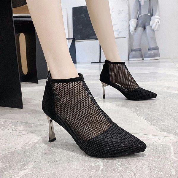 

sandals 2021 fashion spring summer women's shoes mesh pointy heel party heels single zapatillas mujer, Black