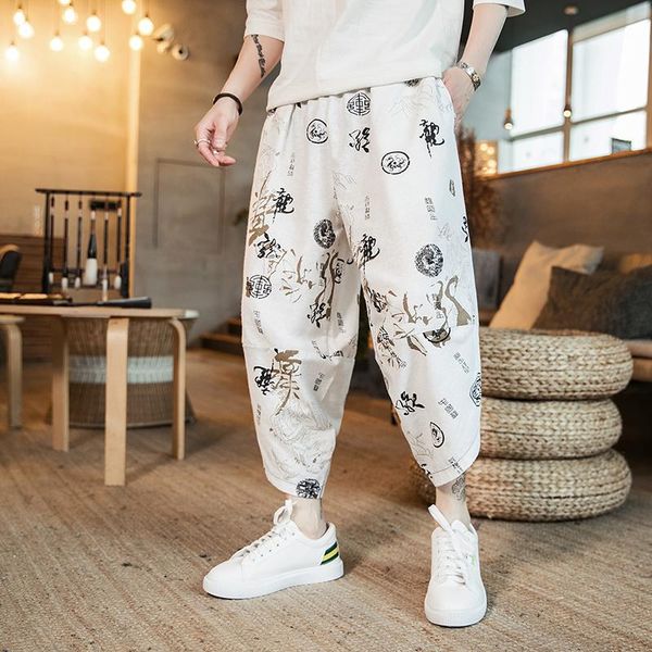 

2021 summer printed cotton harem pants men casual hip hop trousers cross bloomers calf-length pants joggers streetwear, Black