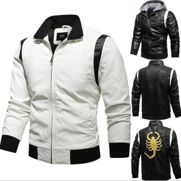 

back scorpion embroidered leather jacket men removable hooded coat european size s-3xl men's fur & faux, Black