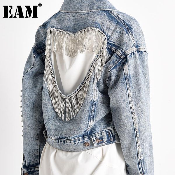 

eam] blue short rhinestones hollow out denim jacket new lapel long sleeve women coat fashion tide spring autumn 2021 1x90305, Black;brown