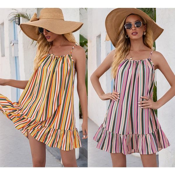 

casual dresses women multicolor rainbow stripe print cami dress summer ladies back tie knot ruffle hem backless loose mini, Black;gray