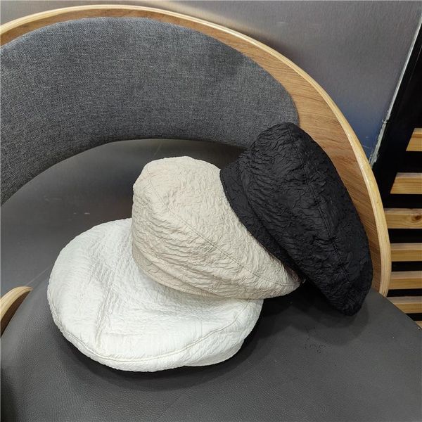 

berets summer breathable cotton linen pleated caps for women girl retro painter hat accessories, Blue;gray