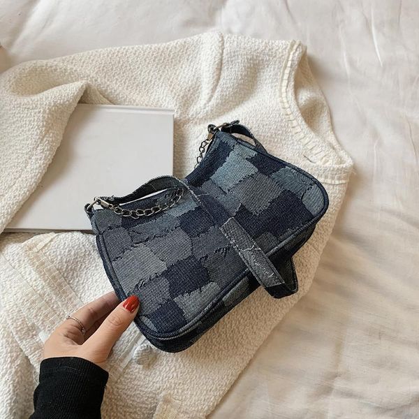 

evening bags summer women denim grid shoulder bag fashionable contrast color underarm casual ladies chain small handbags soft purse