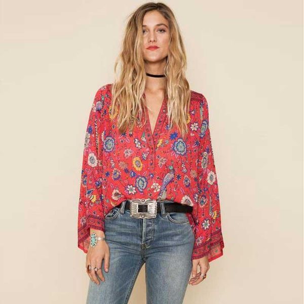 

gypsylady birds floral print blouse long flare sleeve button front v neck blouses shirts women beach resorted 2021 blusas, White