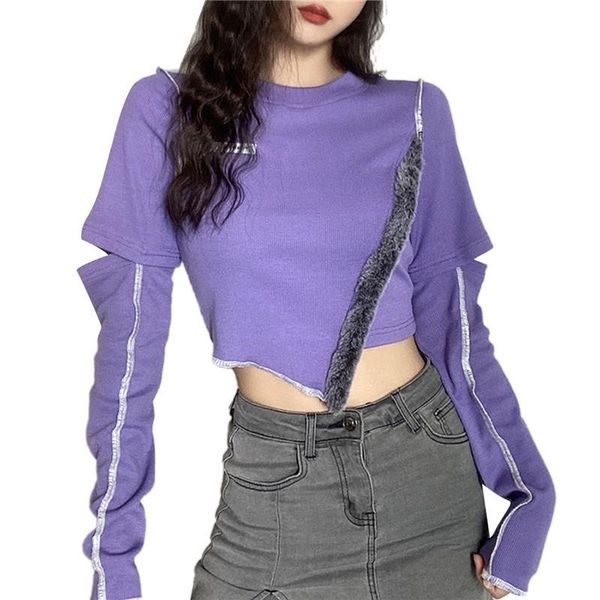

women's t-shirt crop cutout long sleeve round neck irregular hem patchwork tee shirt thread knitted pullover, White