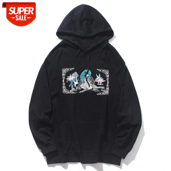 

hip hop mens streetwear hoodie sweatshirts 2020 autumn embroidery girl crane hoodie pullover vintage harajuku cotton sweatshirts #3q98, Black