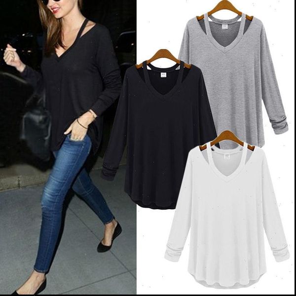 

plus size 2015 women casual shirt v neck off shoulder blouse cotton long sleeve tee shirts fashion blouse chemise femme, White