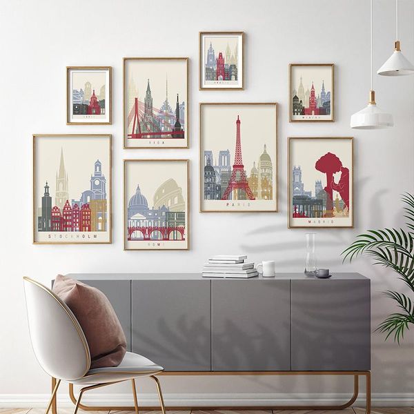 

paintings travel city poster and print paris rome london vienna landmark building art canvas painting wall pictures for living room decor