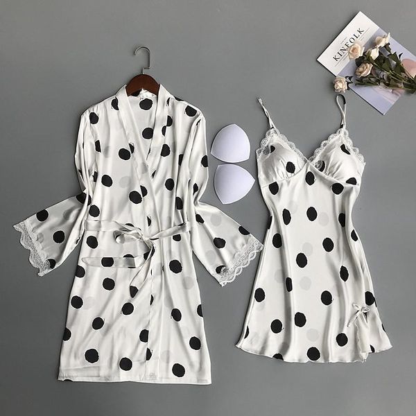 

women's sleepwear pajamas ice silk dress robe two-piece set spring autumn dot suspender skirt with chest pad long-sleeved thin lace, Black;red